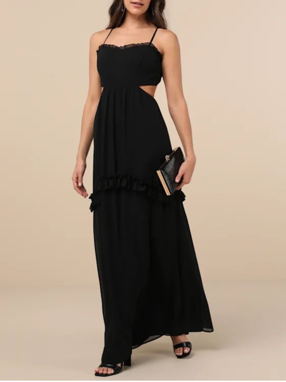 Lulu's Black Ruffle-Tier Maxi Dress with Spaghetti Straps
